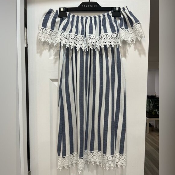 Off Shoulder Boho Stripe Dress White Denim Blue Crochet Trim Cottagecore - Picture 1 of 4